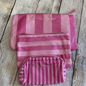 Victoria's Secret Vintage Pink Striped Cosmetic Bags Set